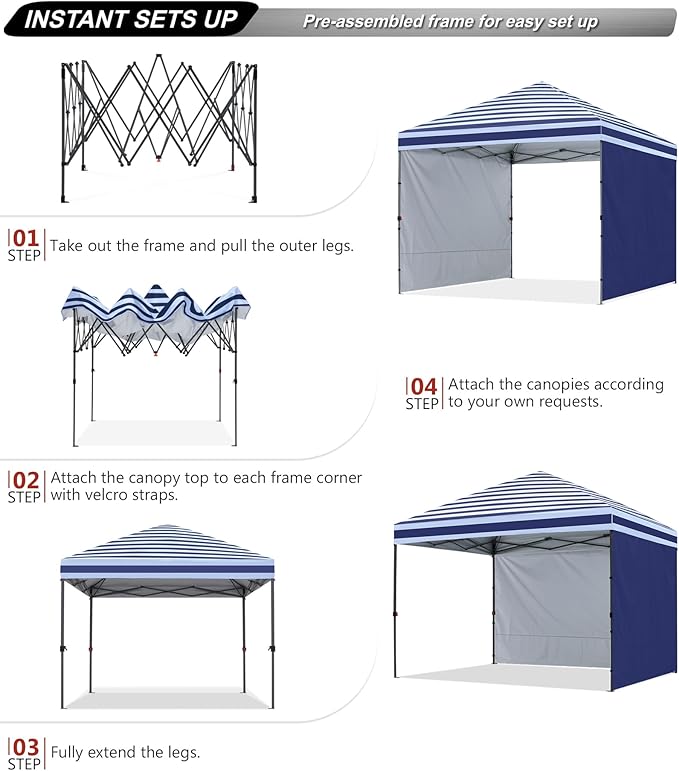 ABCCANOPY Pop up Canopy Tent with 2 Sidewalls for Outdoor Sun Blocking or Rain Protection,10x10, Navy Blue Stripes