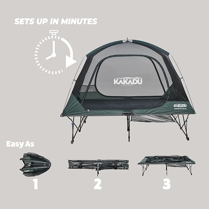 Kakadu Camping Tent Cot, 2 Person, Quick Setup, Folding, Compact, Elevated Tent with BlockOut Rain Fly, Awning Poles, Ultra-Fine Mesh Windows, and Carry Bag