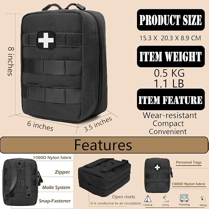 First Aid Kit EMT Medical IFAK Pouch, Molle Tactical Med Emergency Trauma Bag for Camping Home Car Hiking Hunting (Black)