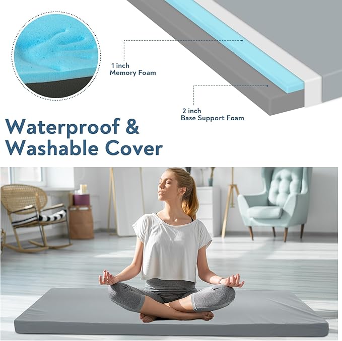Memory Foam Camping Cot Mattress Pad with Waterproof Cover, 3 Inch Non-Slip Bottom Thick Sleeping Pad for Camping, Portable Roll up Cot Mattress Pad Mat for Travel Truck Bed Tent, 72"×24"×3", Gray