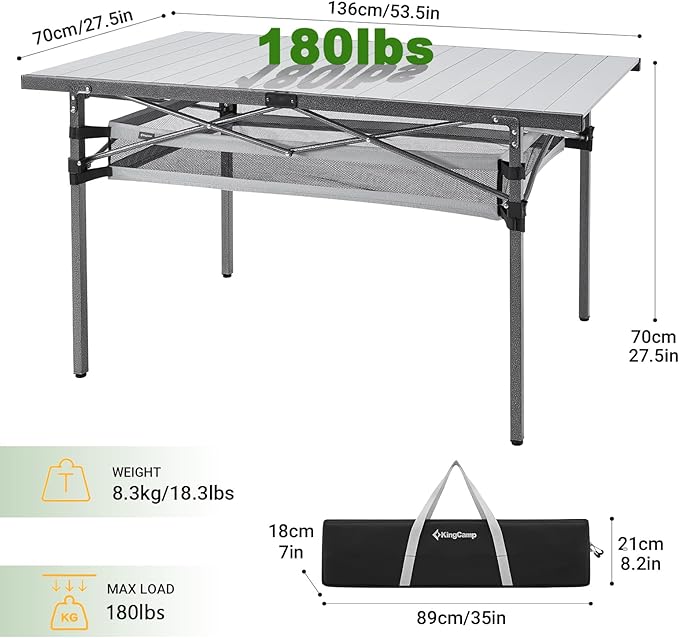 KingCamp Folding Camping Table, Aluminum Roll-Up Camp Table, Large Foldable Table for 6-8 Person, Outdoor Portable Tables with Carry Bag, 180 LBS Heavy Duty Load (Silver+Mesh:53.5"x27.5")