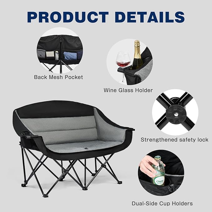 apollo walker Double Camping Chair - Heavy Duty 600lbs Camping Couch with Dual Cup Holder & Carry Bag, Loveseat Camping Chair for Outdoor, Lawn, Beach, Concert, Backyard, Park