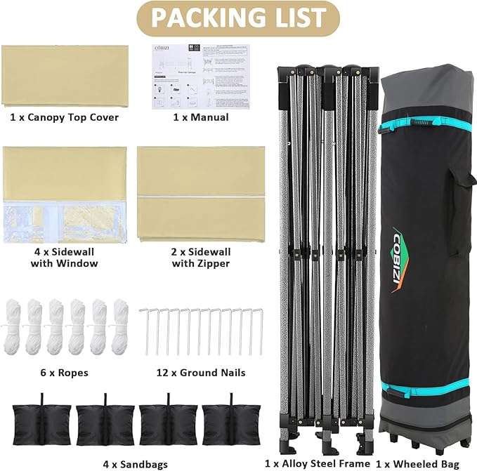 COBIZI 10x20 Pop Up Canopy with 6 Sidewall,Heavy Duty Canopy UPF 50+ All Season Wind Waterproof Commercial Outdoor Wedding Party Tents for Parties Gazebo with Roller Bag(10 x 20 ft Khaki)