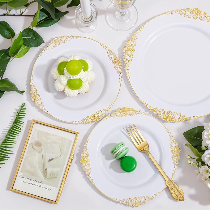 Nervure 175PCS Gold Plastic Plates - Disposable White Gold Party Plates & Pre Rolled Napkins with Cutlery for 25 Guests, 50Plates, 75Silverware, 25Cups, 25Napkin for Wedding & Party & Thanksgiving
