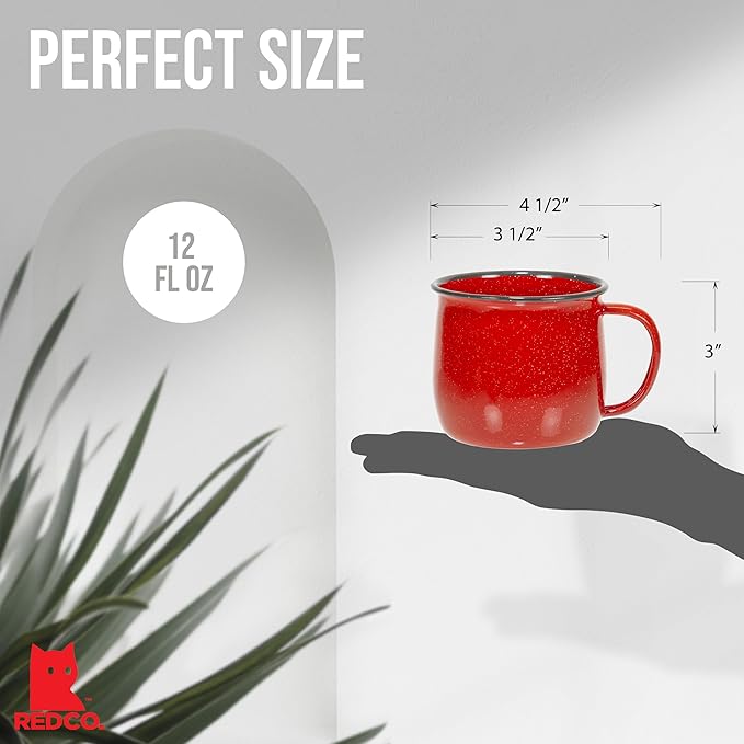 Red Co. Set of 4 Enamelware Metal 12 Oz Round Camping Coffee Mugs with Handle, White-Speckled Red/Black Rim