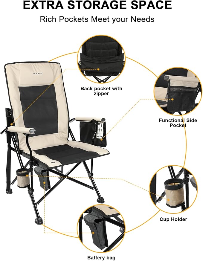 REALEAD Heated Camping Chair - Fully Padded - Heated Chairs Outdoor Sports - Supports 400 lbs - Portable Heated Outdoor Camp Chair for Sport Events - Battery NOT Included