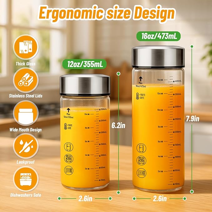 12oz Glass Water Bottles with Lids, 6 Pack Reusable Wide Mouth Juice Bottles with Stainless Steel Caps, Leakproof Borosilicate Glass for Juicing, Smoothies & Storage, BPA-Free,Dishwasher Safe