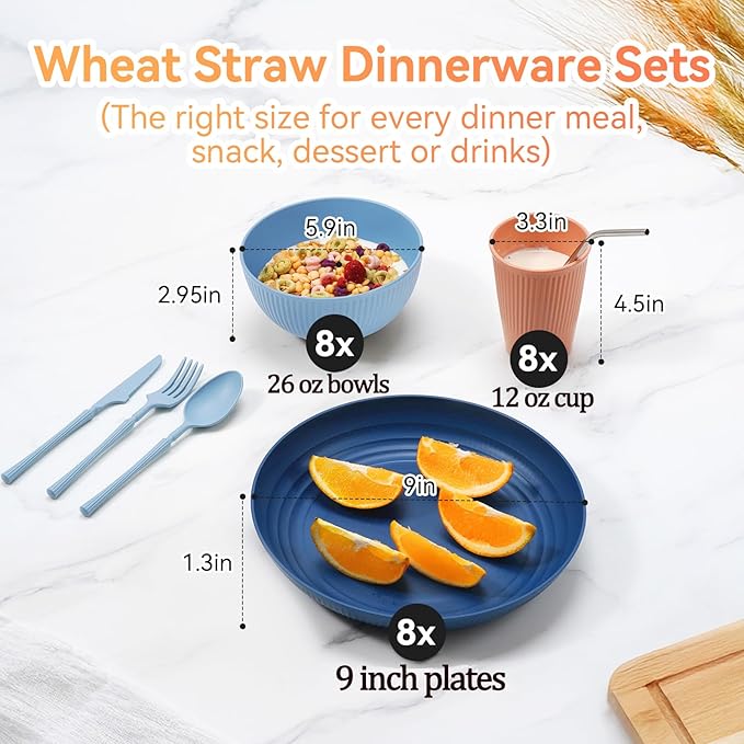 Wheat Straw Dinnerware Sets,56-Piece Plates and Bowls Sets for 8-Unbreakable,Reusable Plastic Dish Set-Dinner Plate/Cereal Bowl/Cup/Utensils-Microwavable Dishwasher Safe 56P-Deep Gray