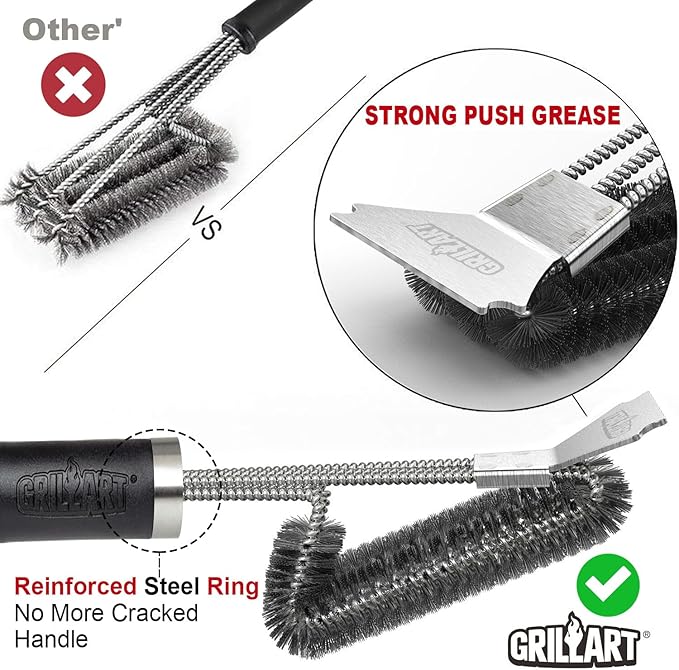 GRILLART Grill Brush and Scraper BBQ Brush for Grill, Safe 18" Stainless Steel Woven Wire 3 in 1 Bristles Grill Cleaning Brush, BR-4516
