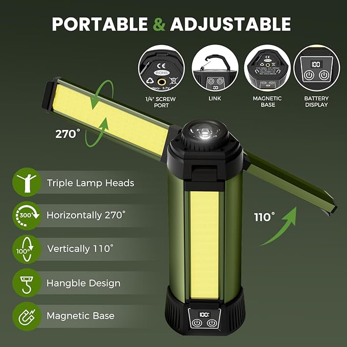 Rechargeable Camping Light with Stand: Cordless Work Light Kit 3 Page Head 500/1000/2000 Lumen 3500/6500K - Dimmable 6AH Camp Lights with Detachable Tripod,Hooks and Carrying Bag(Green-S)