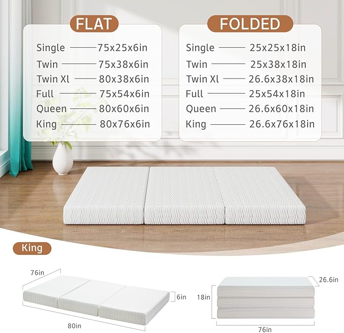 Vipbear Folding Mattress, 6 Inch Tri-fold Mattress King Size, Foldable Memory Foam Mattresses Topper with Washable Cover, Floor Bed with Storage Bag for RV& Camping& Home Use