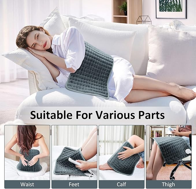 Electric Heating pad for Back/Shoulder/Neck/Knee/Leg Pain Relief, 6 Fast Heating Settings, Auto-Off, Machine Washable, Moist Dry Heat Options, Extra Large 12"x24"(Gray)