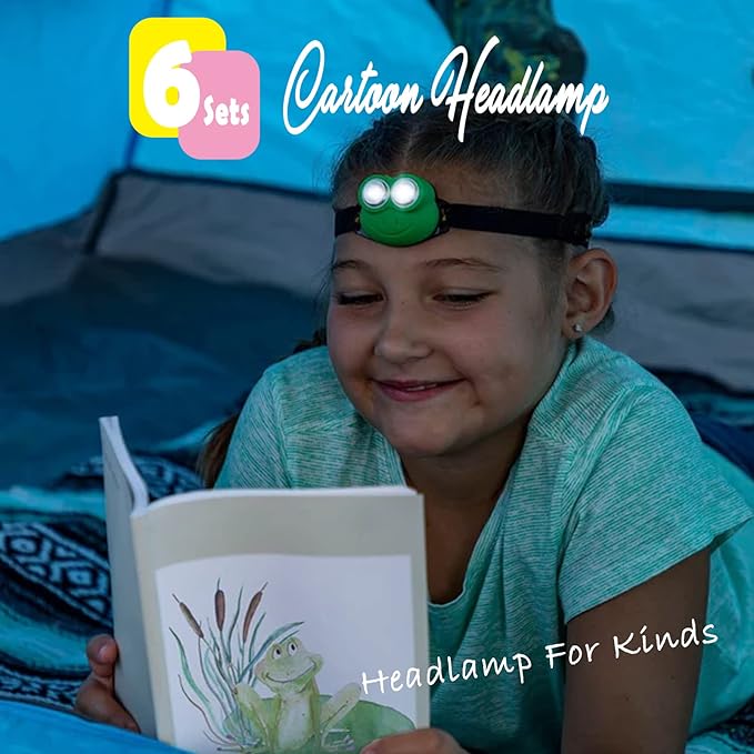 Headlamp for Kids, Battery Powered LED Headlamps, Owl Frog Giraff Dog Fox Raccoon Theme Gift for Children's Day, Birthday, Toddlers - 6 PCS