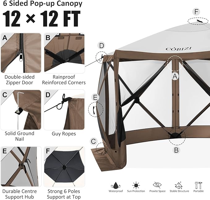 COBIZI 12x12ft Pop up Gazebo Screen Tent Screen House for Camping, Camping Outdoor Screened Gazebo with Sidewalls, Portable Hub Tent with Carrying Bag and Ground Stakes, Brown(Upgraded 2.0)