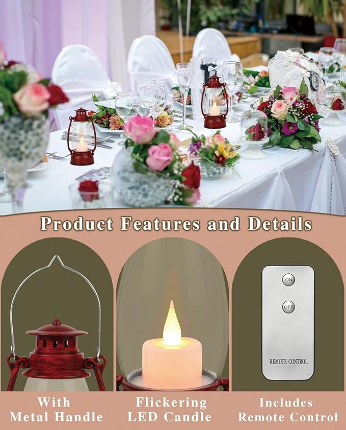 LLQ Small Red Lanterns Decorative with Remote, 7-inch Vintage Western Lanterns with Flickering LED Candle, Camping Decorations, Western Party Decorations, Christmas Centerpieces for Tables, 4-Pack