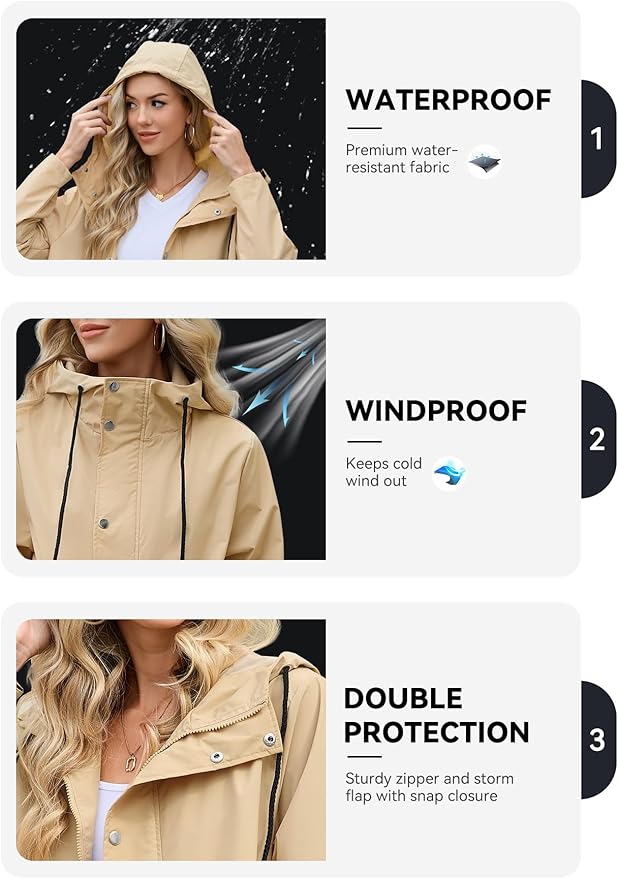 Zando Long Packable Rain Jacket Women Waterproof - Raincoat for Women Rain Coat with Hood Lightweight Outdoor Windbreaker