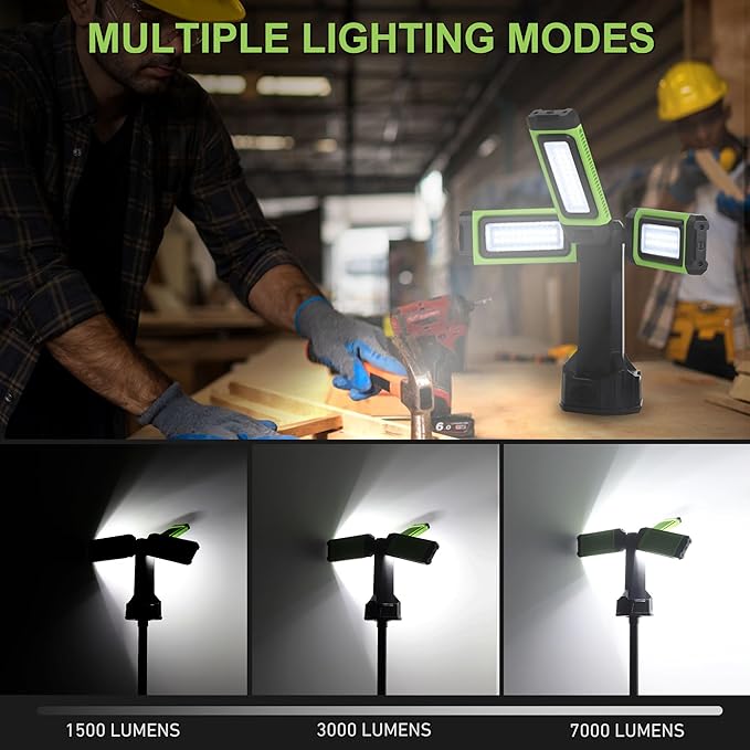 Multi-Directional LED 7000 Lumen Work Light, with Adjustable Tripod Stand and Carry Bag, Rechargeable with USB Power in/Out, Super Bright for Camping, Car Repairing, Barbecue, Workshop