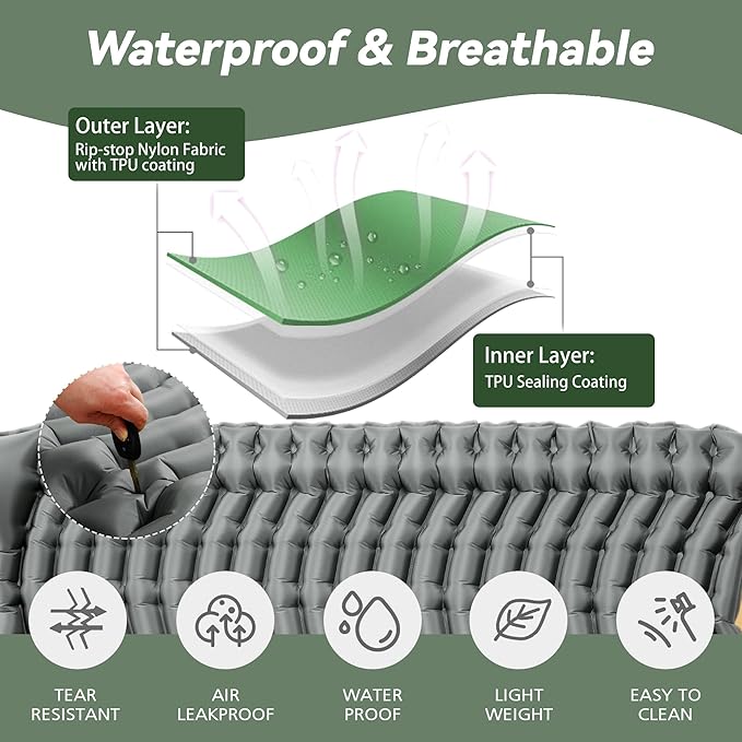 Sleeping Pad for Camping - Ultralight Camping Mattress with Pillow, Built-in Foot Pump, Compact Inflatable Portable Mat for Backpacking, Hiking, Car Traveling, Beach, Tent