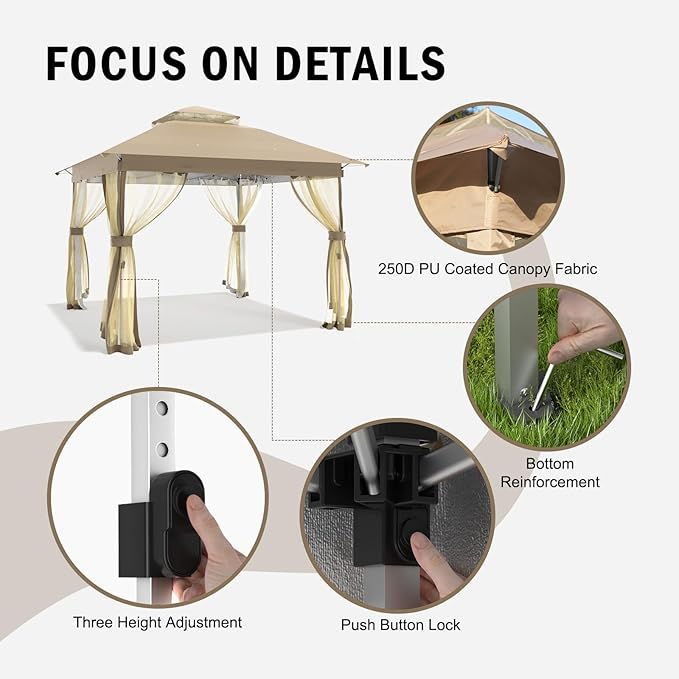 Outdoor Pop Up Gazebo 10x10 - Instant Canopy Tent with Mosquito Nettings, Double Roof Vented Gazebo Tents Shelter for Backyard Shade Party Garden Lawns (Beige, 10x10)