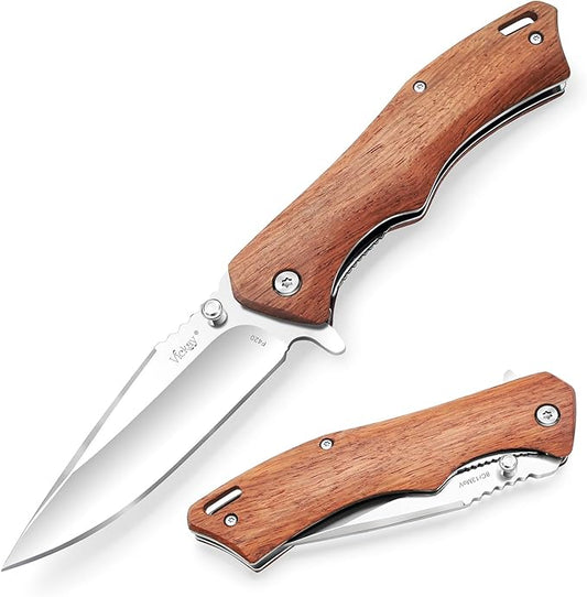 Vickay Pocket Knife for Men, 3.4" 8Cr13MoV Steel Blade, Wood Handle EDC Folding Knife with Liner Lock for Outdoor Camping, Tactical, Hunting, Hiking, Survival - Father’s Day Gift
