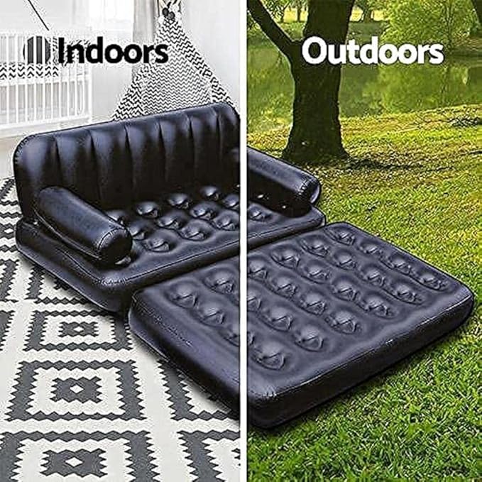 Folding Portable Inflatable Sofa Twin Bed, Lazy Flocking Queen Size Air Bed Mattress - Great for Pop Up Indoor Living Room and Outdoor Balcony, Backyard, Camping, Picnic, RV + Foot Pump (Black)