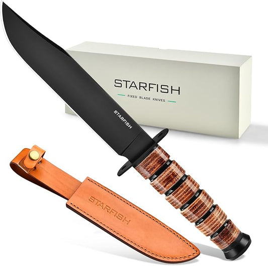 STARFISH Fixed Blade Knife, 7.0” DC53 Steel Blade with Black Titanium Coating Full Tang Hunting Knife with Sheath, Ergonomic Leather Handle Bushcraft Bowie Knives for Camping, Hiking