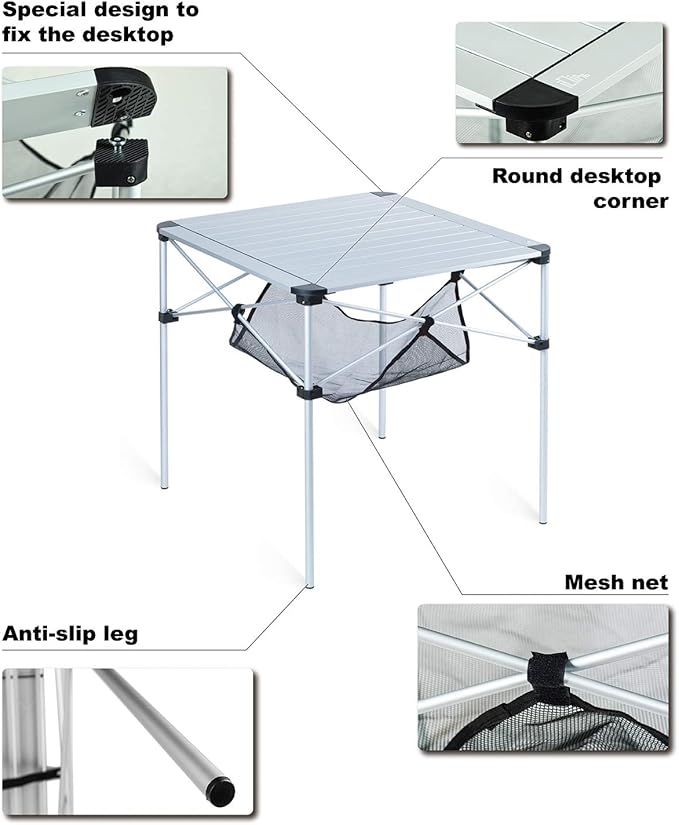 iClimb Lightweight Stable Alu. Folding Square Table Roll Up Top with Carry Bag for Camping Picnic Backyards BBQ Camp Kitchen (Black, L)