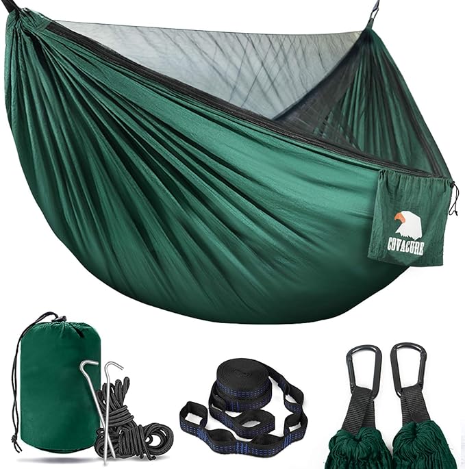 Covacure Camping Hammock - Lightweight Double Hammock, Hold Up to 772lbs, Portable Hammocks for Indoor, Outdoor, Hiking, Camping, Backpacking, Travel, Backyard, Beach(Dark Green)