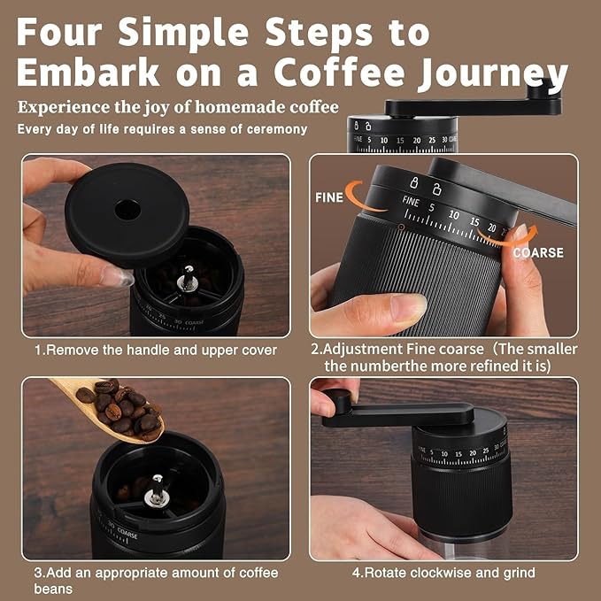 Manual Coffee Grinder - 95 Ceramic Burr, Adjustable Coarse to Fine, 30g Beans & 80ml Powder, Detachable Handle for Espresso, French Press, Camping