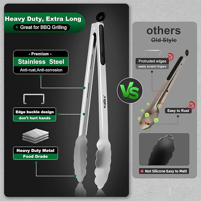 Walfos 17 Inch Extra Long Grill Tongs Set of 2, Ultimate Stainless Steel Tongs for Grilling, Cooking, BBQ/Barbecue, Buffet and Turning Food