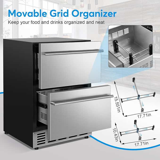 Under Counter Beverage Refrigerator 24 Inch, Outdoor Drawer Fridge Stainless Steel with Temperature Control for Home, Outdoor Patio and Commercial Use
