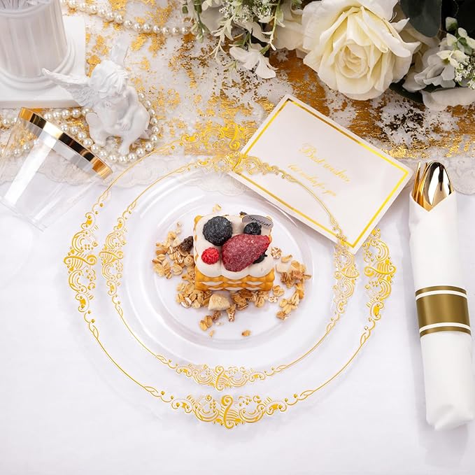 Nervure 175PCS Clear Gold Plastic Plates - Disposable Gold Party Plates & Pre Rolled Napkins with Cutlery for 25 Guests, 50Plates, 75Silverware, 25Cups, 25Napkin for Wedding & Party & Thanksgiving