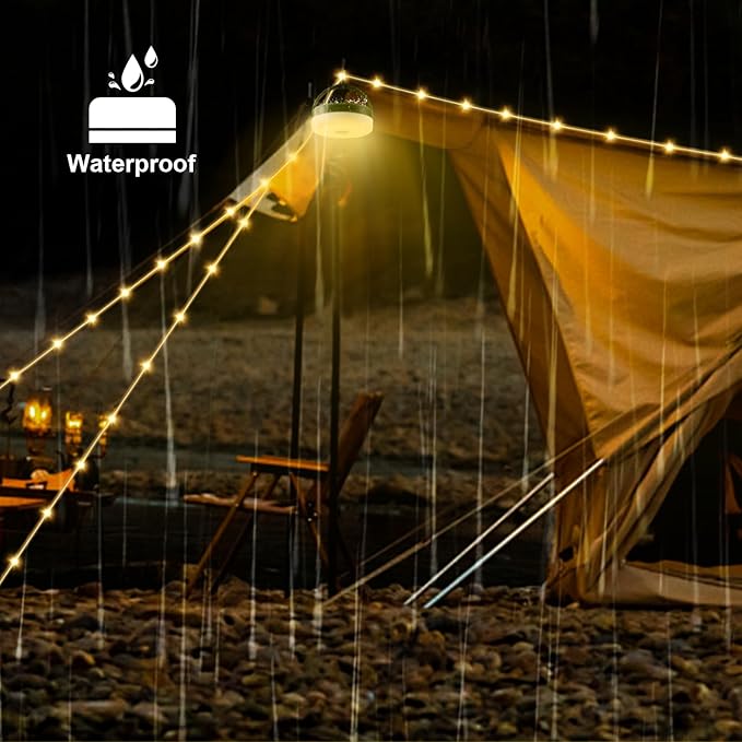 Solar Camping String Lights, 4 in 1 Quick Storage 33FT Rechargeable Tent Lights with 13 Lighting Modes, Hanging Waterproof Portable Retractable LED Lamp for Outdoor, Patio, RV, Awning, Garden, Party