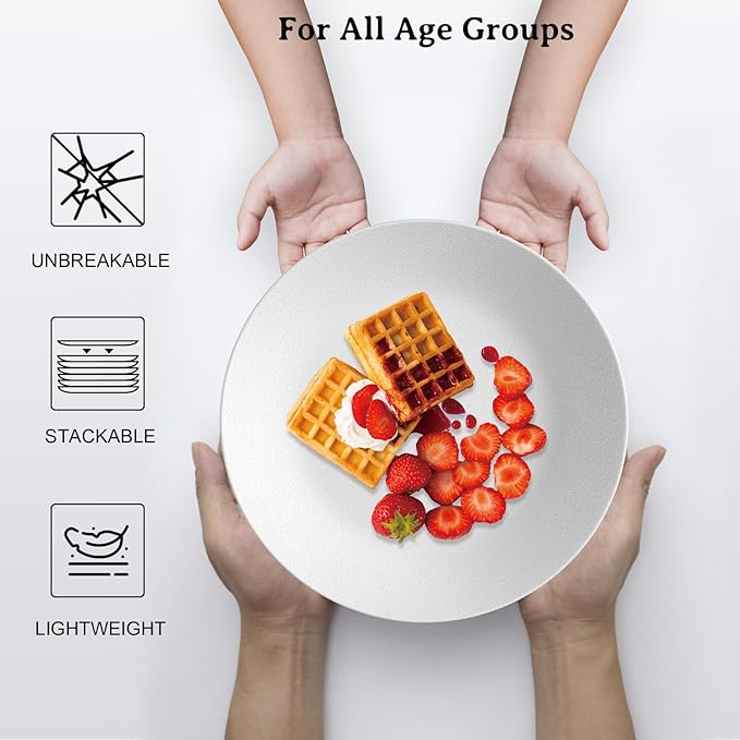 Wheat Straw Dinner Plates 10 Inch Unbreakable Set of 8 - Dishwasher & Microwave Safe Plastic Plates Reusable - Lightweight Plates for kitchen,camping,picnic,R.V. - White