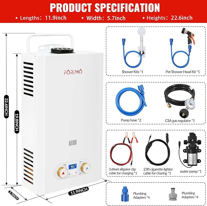 Tankless Water Heater Propane,2.11GPM 8L Outdoor Portable Water Heater,with 2 GPM Water Pump, with Digital Display Multi-Protection for Camping Trips Boat Cabins