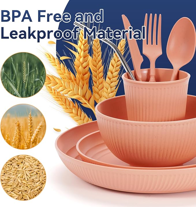 Wheat Straw Dinnerware Sets,64-Piece Plates and Bowls Sets for 8-Unbreakable,Reusable Plastic Dish Set-Dinner Plate/Dessert Plate/Cereal Bowl/Cup/Utensils-Microwavable Dishwasher Safe 64P-Light Gray