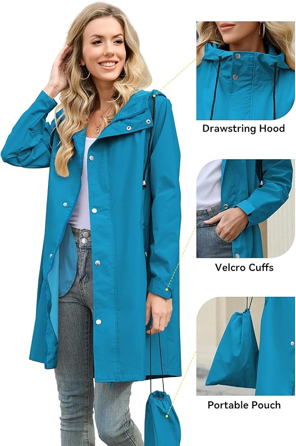 Zando Long Packable Rain Jacket Women Waterproof - Raincoat for Women Rain Coat with Hood Lightweight Outdoor Windbreaker