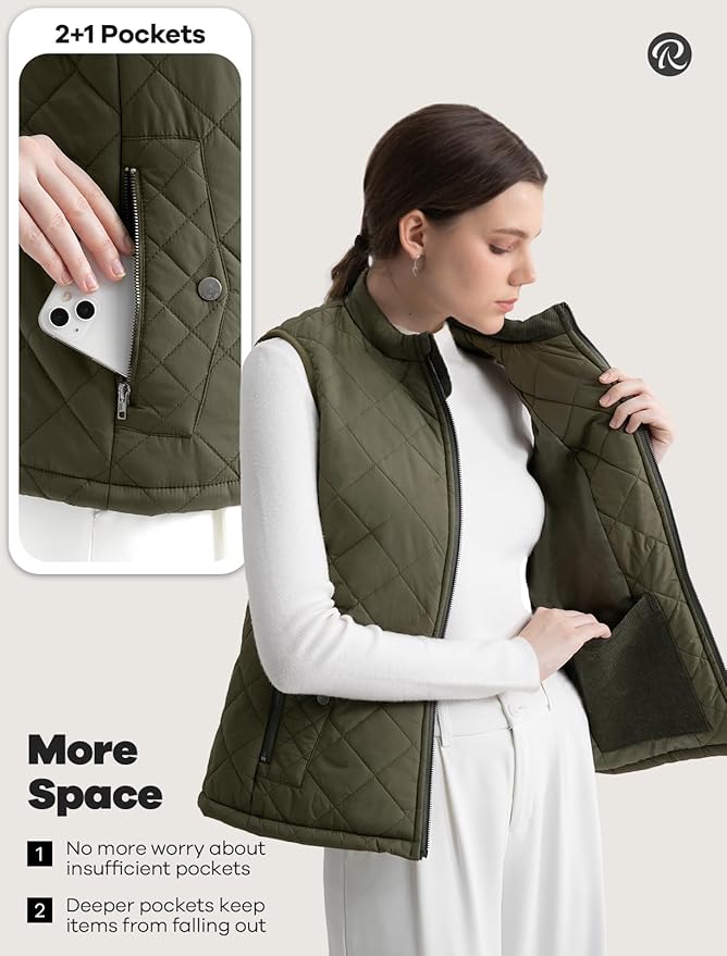 Women's Vest, Quilted Puffer Water-Resistant Zip With Pockets