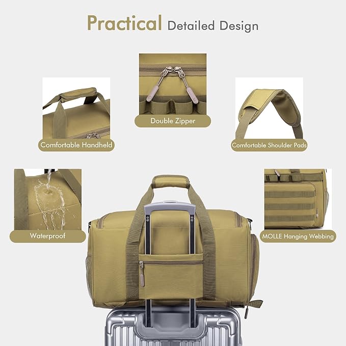 BAGZY Tactical Gym Bags for Men 3 In 1 Travel Duffle Bag 40L with Shoe Compartment Travel Backpack Fitness Weekender Deployment with 1pcs Tactical Toiletry Bag Khaki