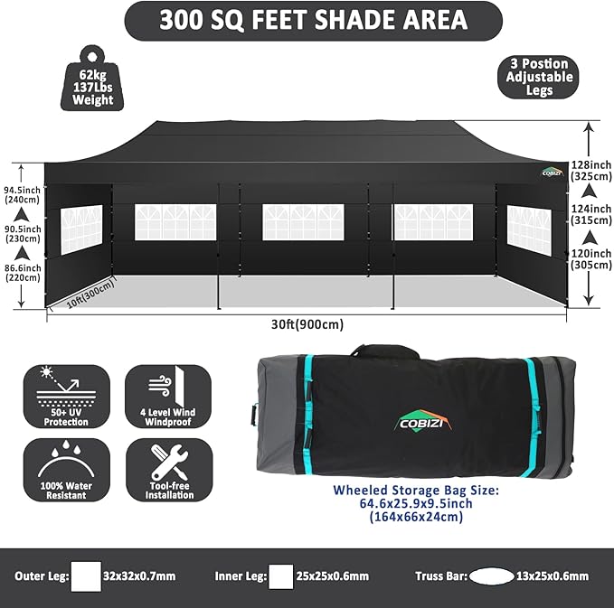 COBIZI 10x30 Pop Up Canopy with 8 Sidewall,Heavy Duty UPF 50+ All Season Wind Waterproof Commercial Outdoor Wedding Party Tents for Parties Canopy Gazebo with Roller Bag(10 x 30 ft Black)