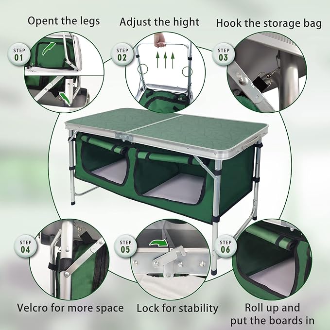 CampLand Outdoor Folding Table Aluminum Lightweight Height Adjustable with Storage Organizer for BBQ, Party, Camping