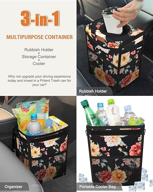 Car Trash Can with Lid, Cute Leakproof Car Trash Garbage Bag Hanging Vehicle Trash Bin Small Portable Automotive Garbage Cans Organizer for Back/Front Seat/Console(2.8 Gallons,Rose)