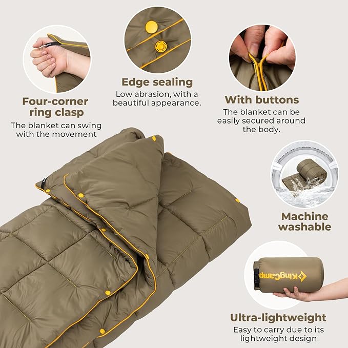 KingCamp Ultralight Camping Blanket, Packable Down Alternative Puffy Wearable Blankets Weatherproof Warm Package Quilt with Snap Buttons for Outdoor Hiking Travel Picnic Stadium (69" x 53", OLIVE)
