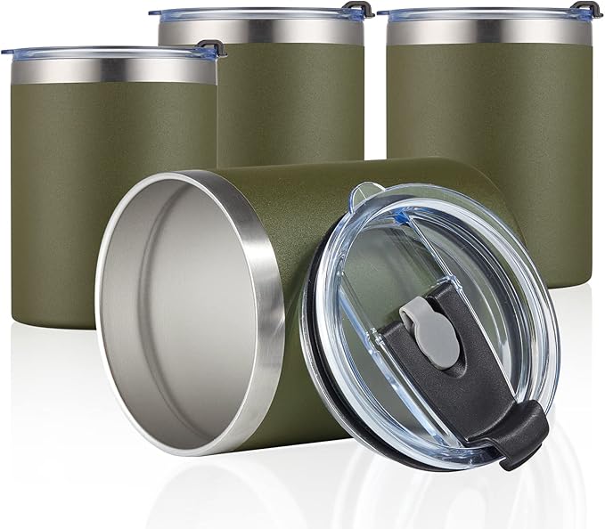 MEWAY 12 oz Lowball, Tumbler Stainless Steel Double Wall Vacuum Insulated Mug with Straw and Lid, Cleaning Brush ,Durable Powder Coated Insulated Coffee Cup for Cold & Hot Drinks (Army Green,1 Pack)