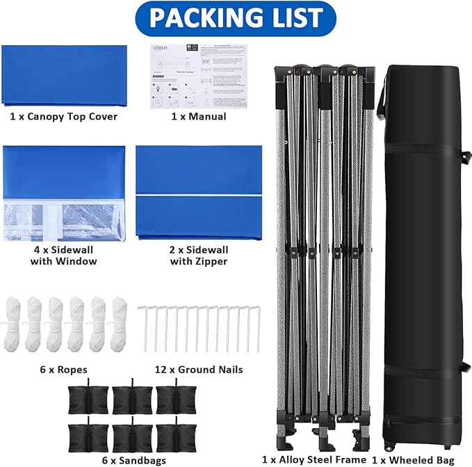 COBIZI 10x20 Pop Up Canopy with 6 Sidewall,Heavy Duty Canopy UPF 50+ All Season Wind Waterproof Commercial Outdoor Wedding Party Tents for Parties Gazebo with Roller Bag(10 x 20 ft Blue)