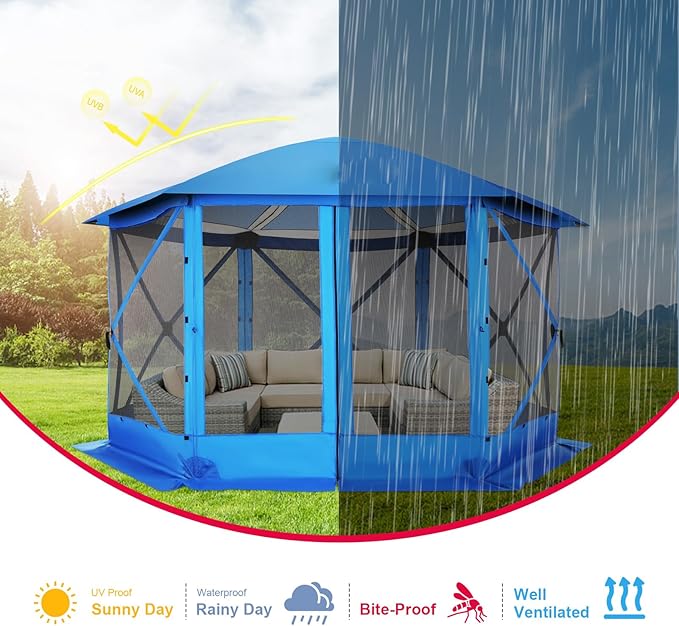 COBlZl Pop Up Gazebo 12x12 Screen House Tent for Camping, Outdoor Instant Stargazing Gazebo Canopy with Awning 2.0, Portable Hub Tent with Mosquito Netting, Pavilion for Backyard,Blue