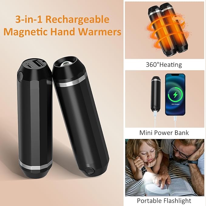 3-in-1 Magnetic Hand Warmers Rechargeable 2 Pack, 10000mAh Portable Electric Hand Warmer, AI Smart Chips 18 Hrs Long Heat, Reusable USB Heater for Hunting, Camping, Christmas Essentials, Women, Men
