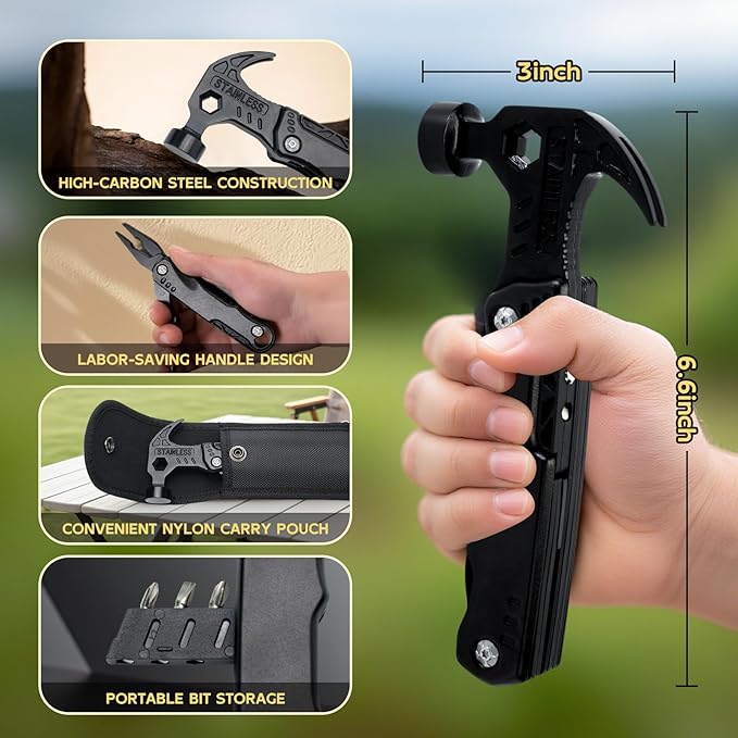 Multi-Functional Safety Hammer Multitool – 15-in-1 Heavy Duty Emergency Tool Kit with Pouch – Camping, Hiking, Fishing, Car Rescue Gear – Father's Day or Birthday Gifts for Dad