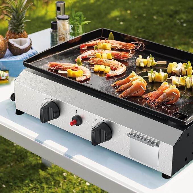 2 Burner BBQ Gas Griddle, 17.3 Inch Stainless Steel Portable Detachable Propane Griddle, 20,000 BTU Flat Top Barbecue Grill for Camping