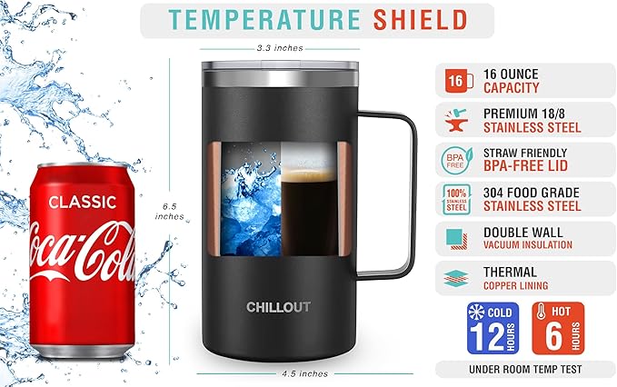 CHILLOUT LIFE Stainless Steel Vacuum Insulated Coffee Mug 16 oz (Set of 2) with Handle and Lid, Large Thermal Camping Coffee Mugs with Sliding Lid for Men & Women, Keeps Your Beverages Hot & Cold